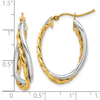 14k Two-Tone Textured and Polished Twist Oval Hoop Earrings-PRE797
