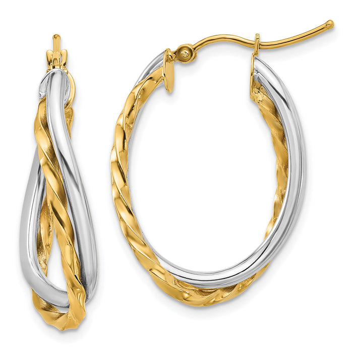 14k Two-Tone Textured and Polished Twist Oval Hoop Earrings-PRE797