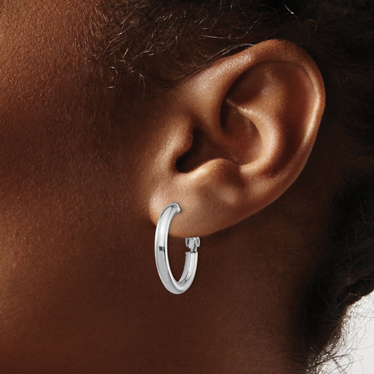 14k White Gold 3x22mm Polished Round Omega Back Hoop Earrings-PRE922W
