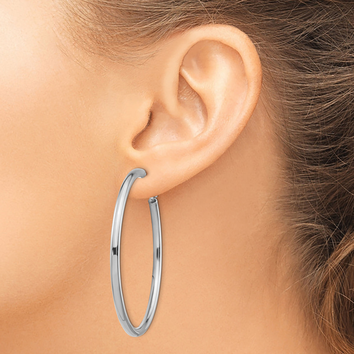 14k White Gold 3x52mm Polished Round Omega Back Hoop Earrings-PRE924W