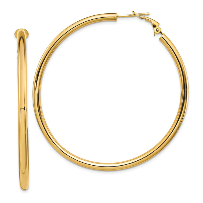 14k 3x57mm Polished Round Omega Back Hoop Earrings-PRE925