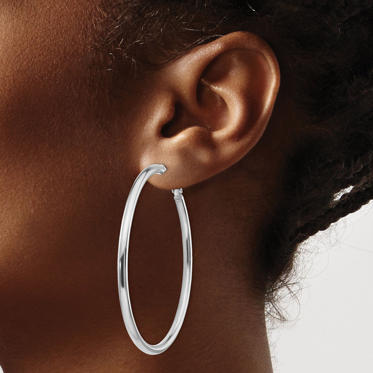 14k White Gold 3x57mm Polished Round Omega Back Hoop Earrings-PRE925W