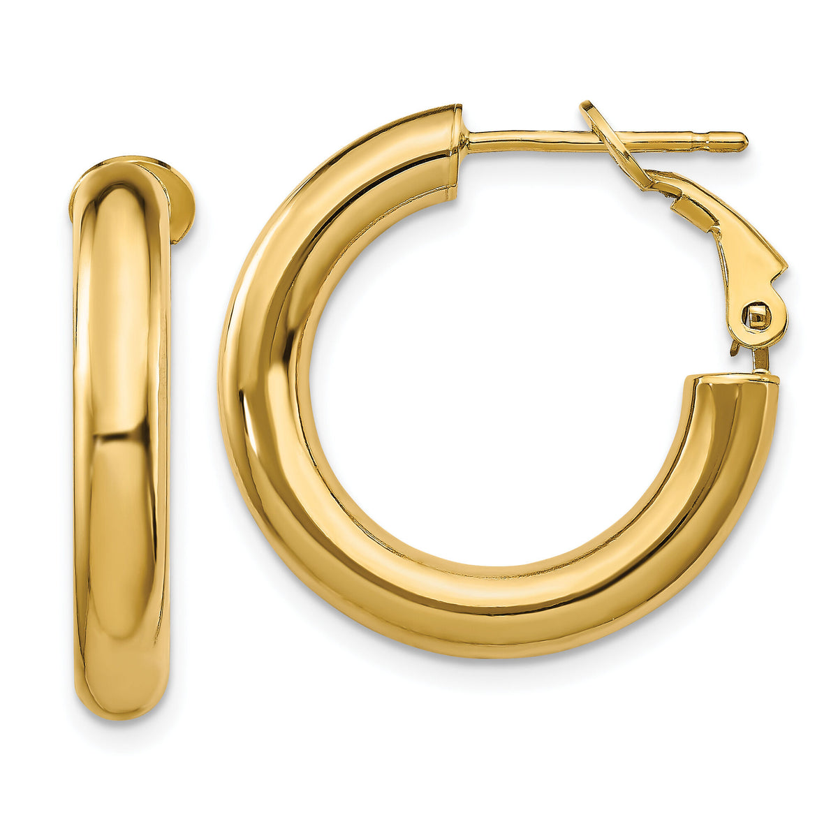 14k 4x23mm Polished Round Omega Back Hoop Earrings-PRE926
