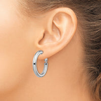 14k White Gold 4x28mm Polished Round Omega Back Hoop Earrings-PRE927W