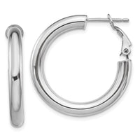 14k White Gold 4x28mm Polished Round Omega Back Hoop Earrings-PRE927W