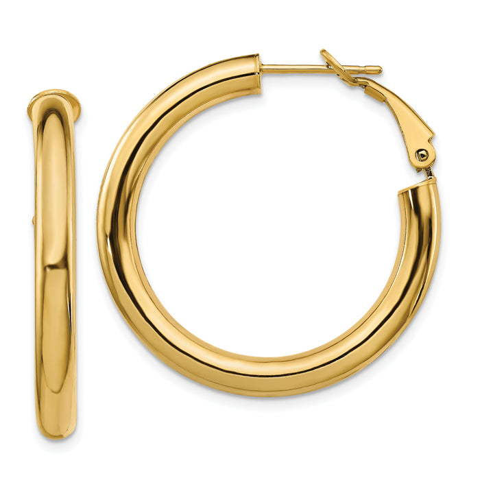 14k 4x35mm Polished Round Omega Back Hoop Earrings-PRE928