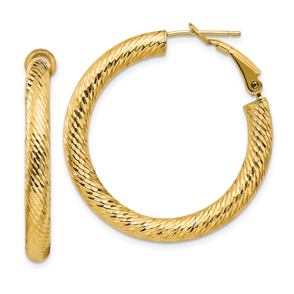 14k 4x34mm Diamond-cut Round Omega Back Hoop Earrings-PRE935