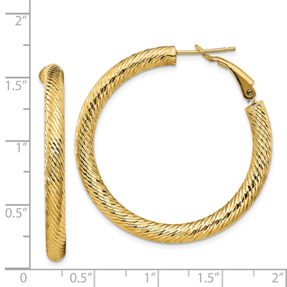 14k 4x40mm Diamond-cut Round Omega Back Hoop Earrings-PRE936