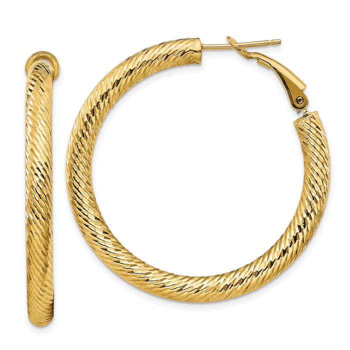 14k 4x40mm Diamond-cut Round Omega Back Hoop Earrings-PRE936