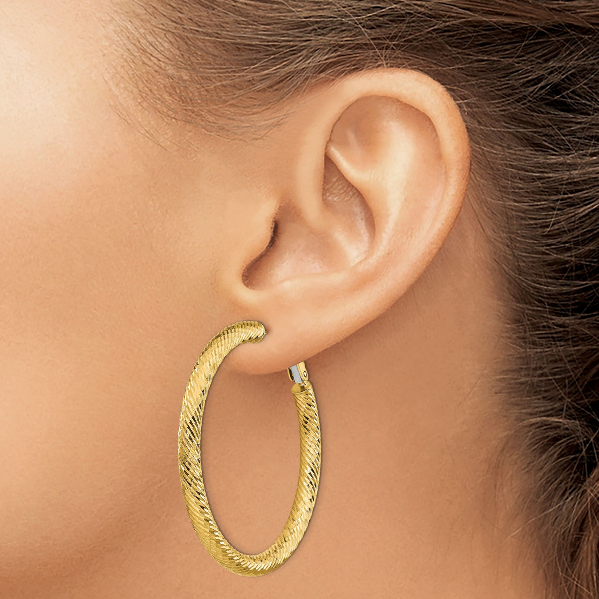 14k 4x45mm Diamond-cut Round Omega Back Hoop Earrings-PRE937