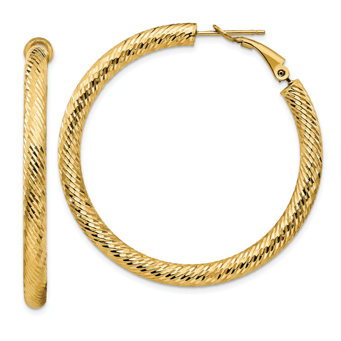 14k 4x45mm Diamond-cut Round Omega Back Hoop Earrings-PRE937
