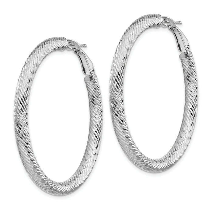 14k 4x45mm White Gold Diamond-cut Round Omega Back Hoop Earrings-PRE937W
