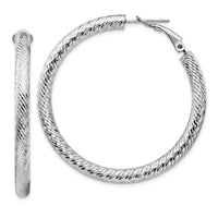 14k 4x45mm White Gold Diamond-cut Round Omega Back Hoop Earrings-PRE937W