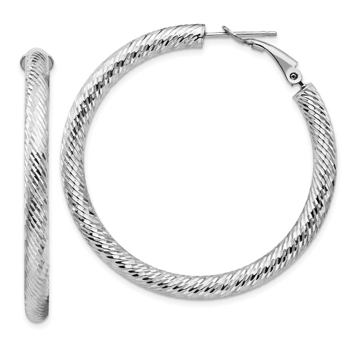 14k 4x45mm White Gold Diamond-cut Round Omega Back Hoop Earrings-PRE937W