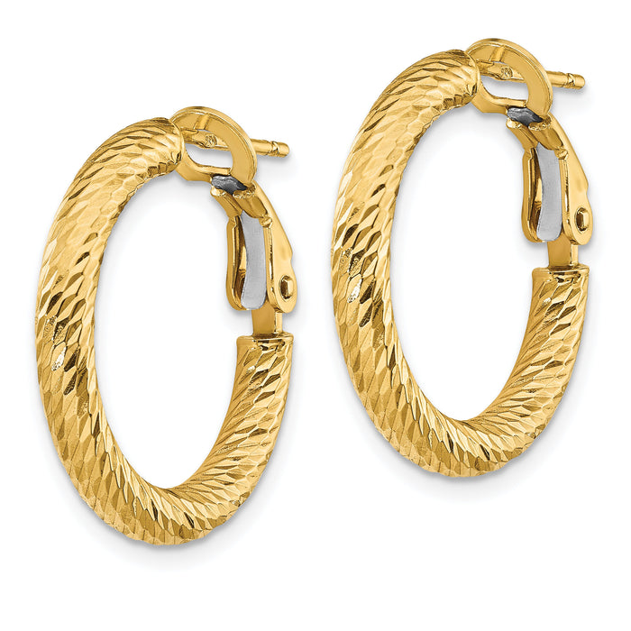 14k 3x21mm Polished Diamond-cut Round Omega Back Hoop Earrings-PRE938