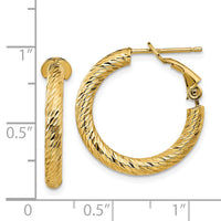 14k 3x21mm Polished Diamond-cut Round Omega Back Hoop Earrings-PRE938