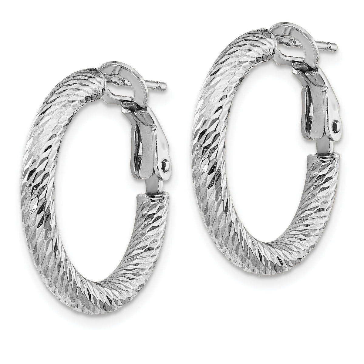 14k 3x21mm White Gold Diamond-cut Round Omega Back Hoop Earrings-PRE938W