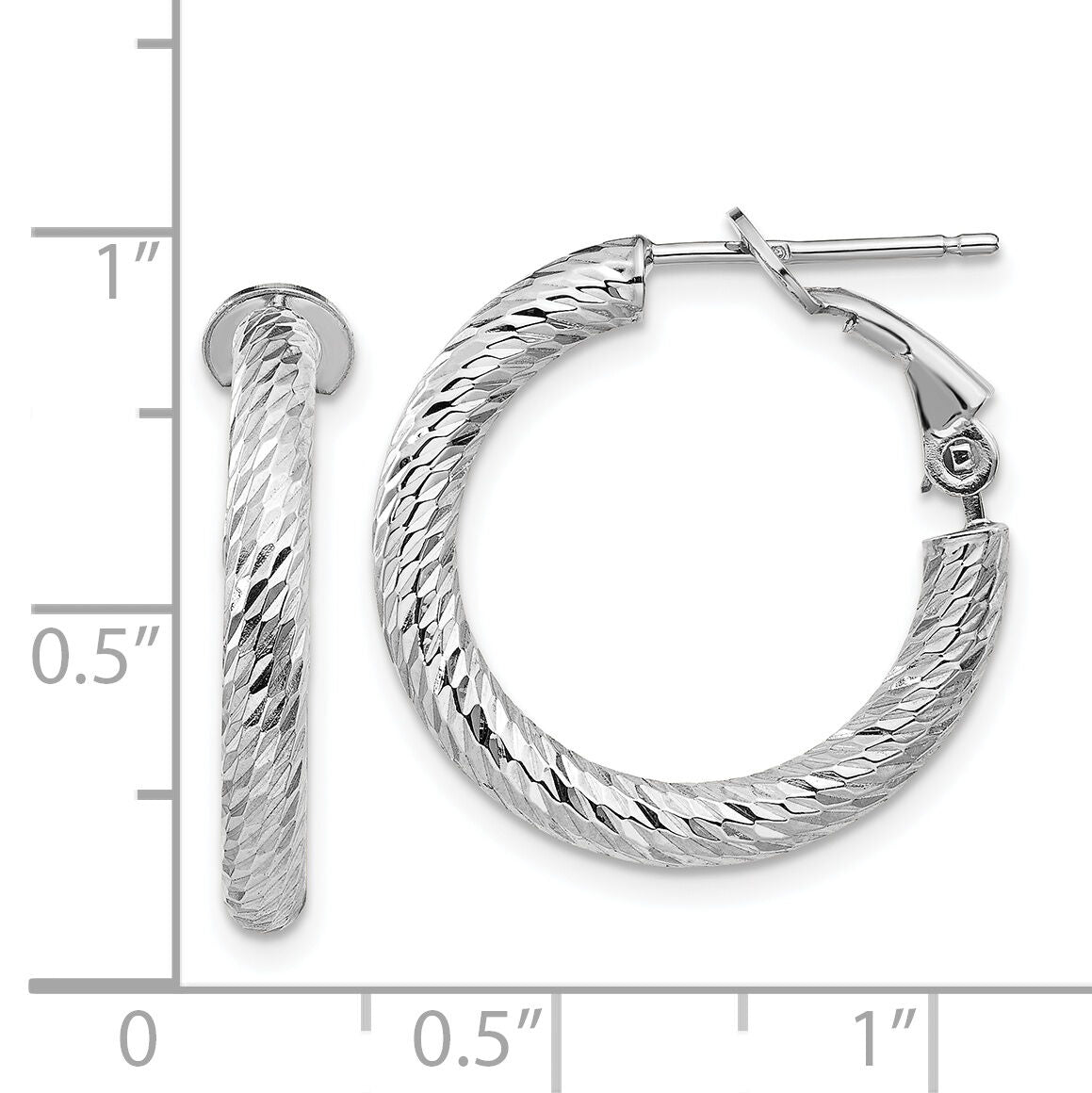 14k 3x21mm White Gold Diamond-cut Round Omega Back Hoop Earrings-PRE938W