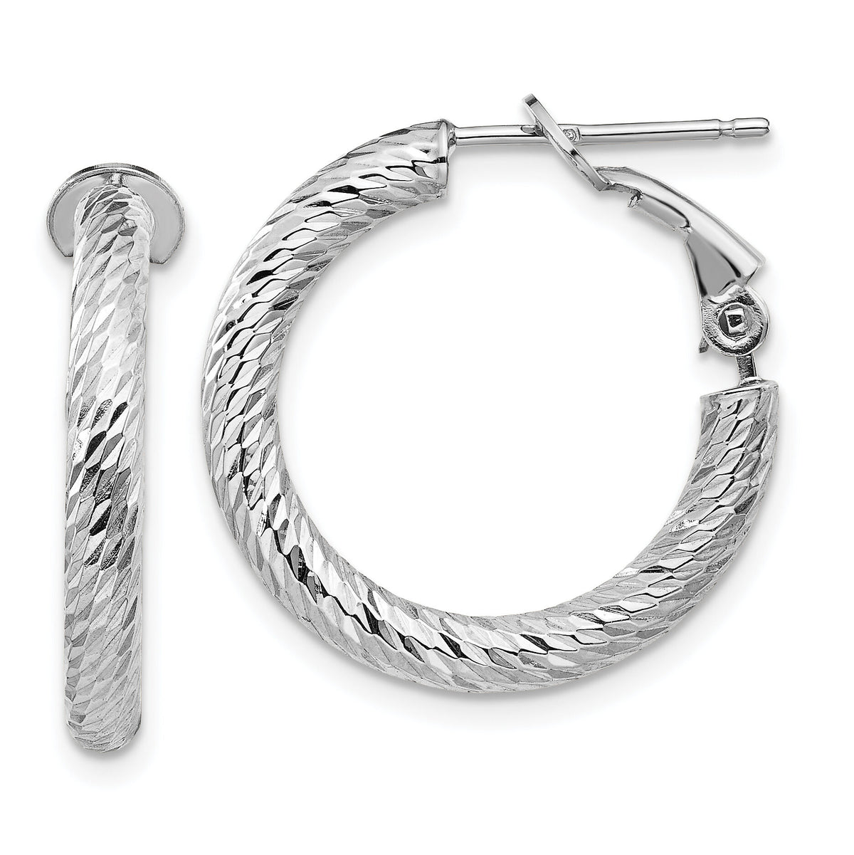 14k 3x21mm White Gold Diamond-cut Round Omega Back Hoop Earrings-PRE938W