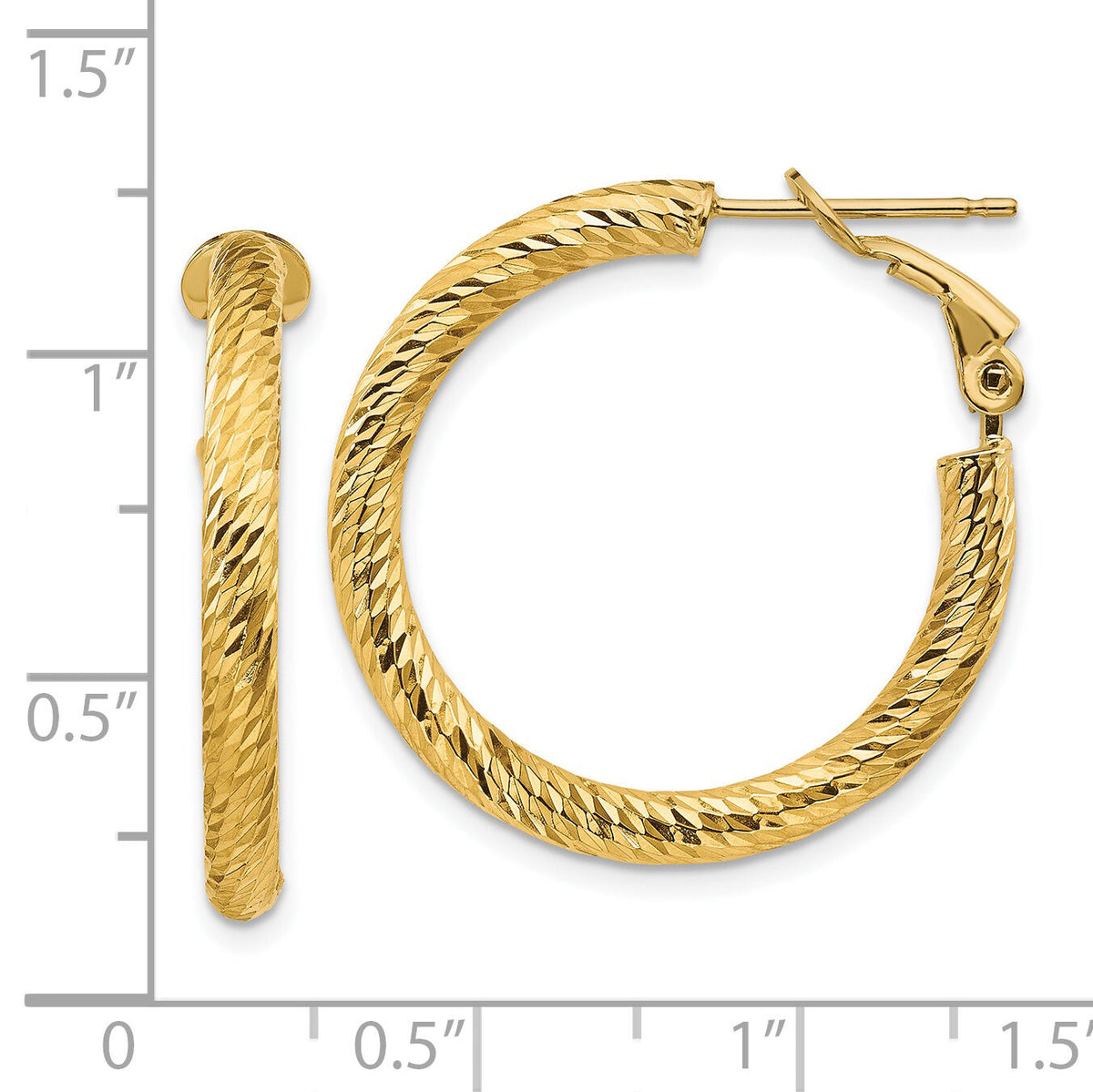 14k 3x27mm Diamond-cut Round Omega Back Hoop Earrings-PRE939