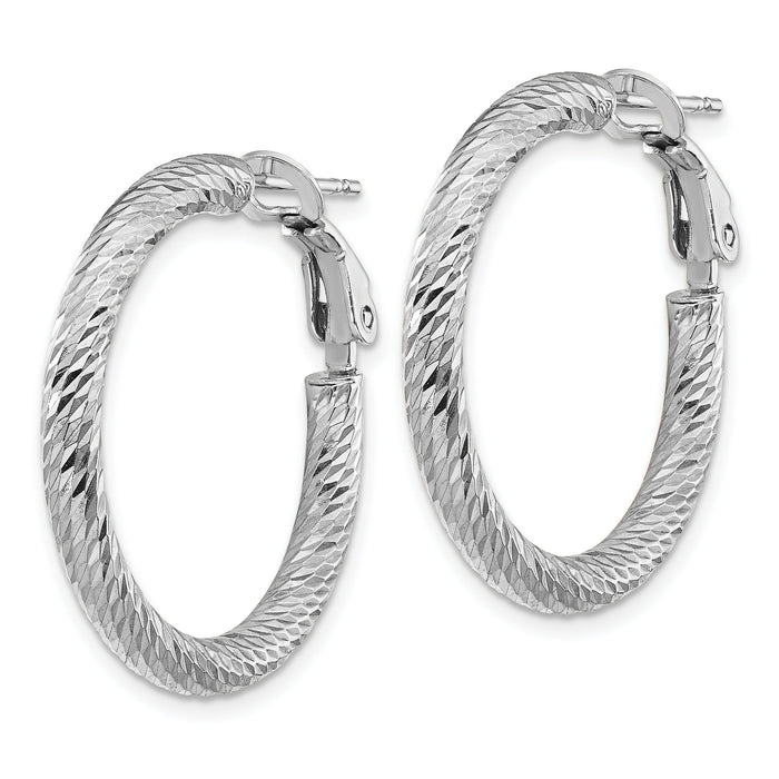 14k 3x27mm White Gold Diamond-cut Round Omega Back Hoop Earrings-PRE939W