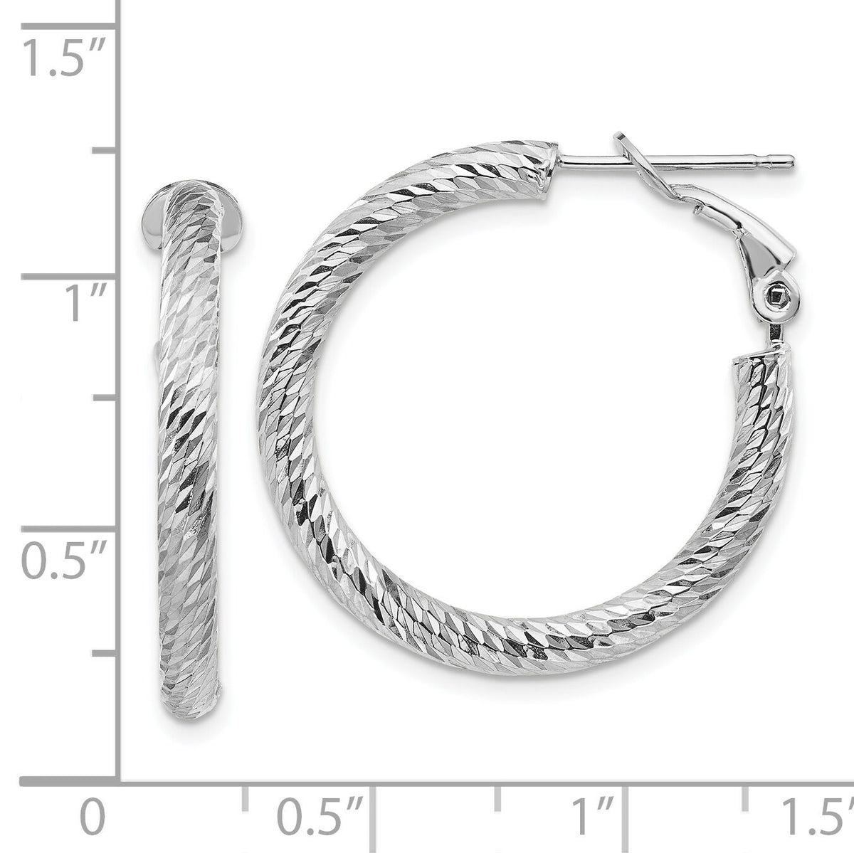 14k 3x27mm White Gold Diamond-cut Round Omega Back Hoop Earrings-PRE939W