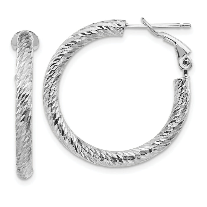 14k 3x27mm White Gold Diamond-cut Round Omega Back Hoop Earrings-PRE939W