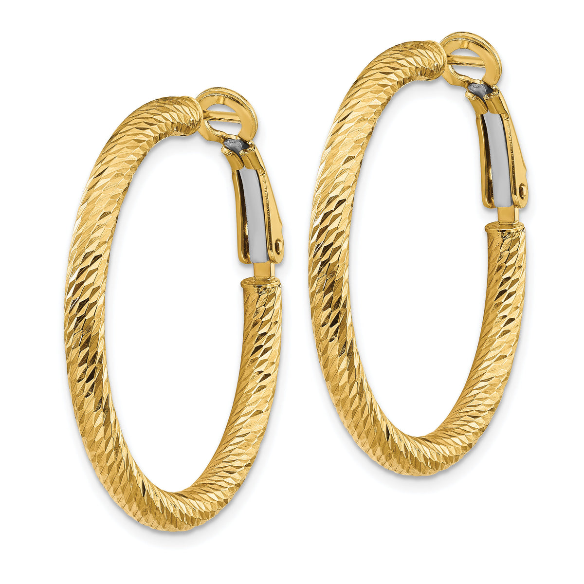 14k 3x32mm Diamond-cut Round Omega Back Hoop Earrings-PRE940