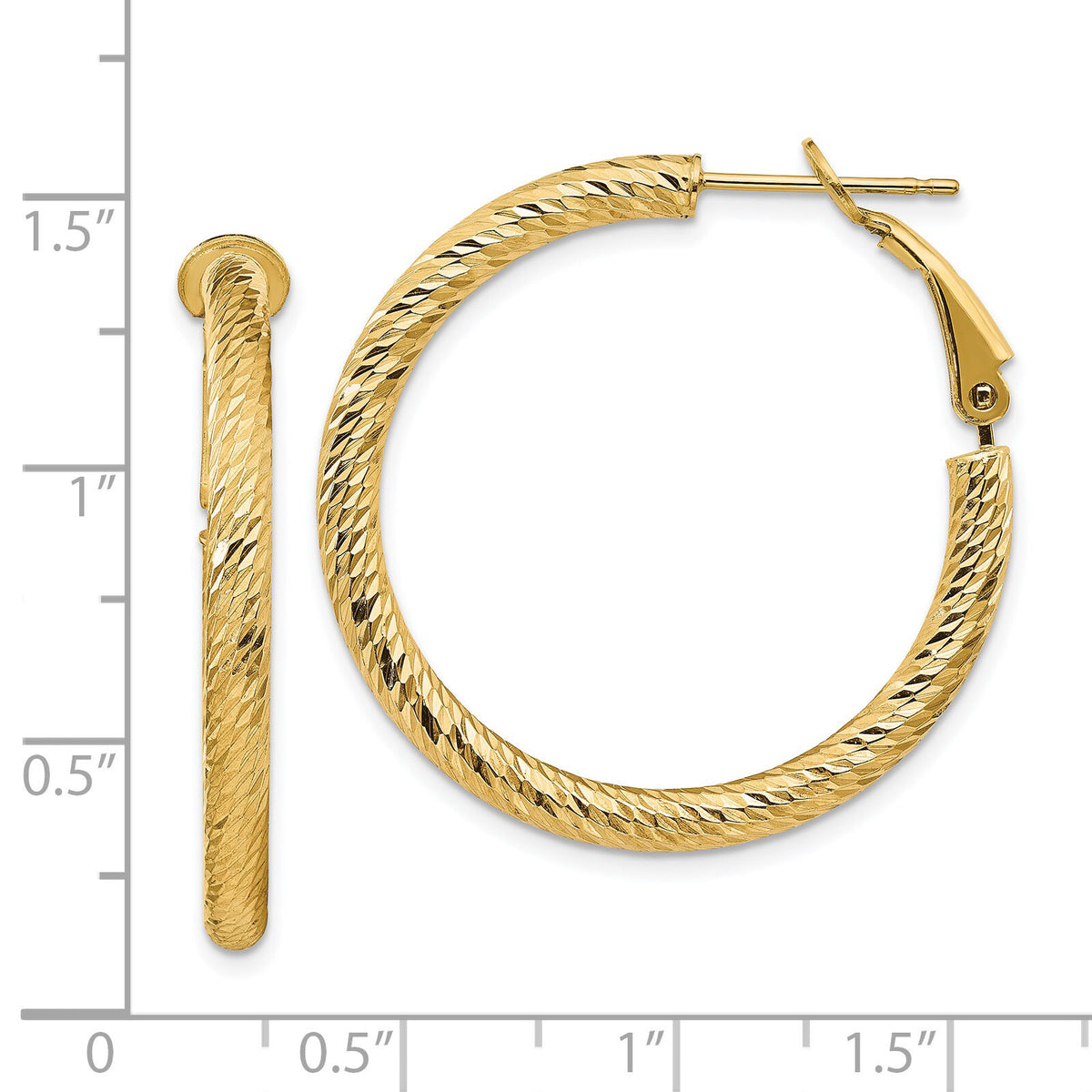 14k 3x32mm Diamond-cut Round Omega Back Hoop Earrings-PRE940
