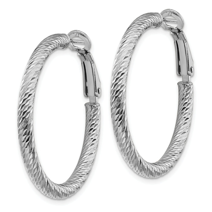14k 3x32mm White Gold Diamond-cut Round Omega Back Hoop Earrings-PRE940W