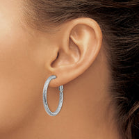 14k 3x32mm White Gold Diamond-cut Round Omega Back Hoop Earrings-PRE940W