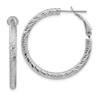 14k 3x32mm White Gold Diamond-cut Round Omega Back Hoop Earrings-PRE940W