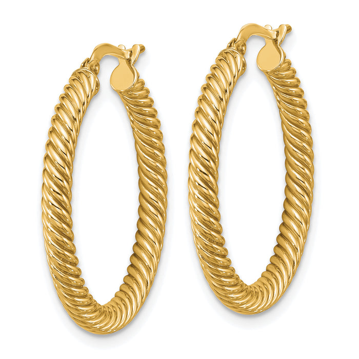14k 3x26mm Twisted Round Hoop Earrings-PRE943