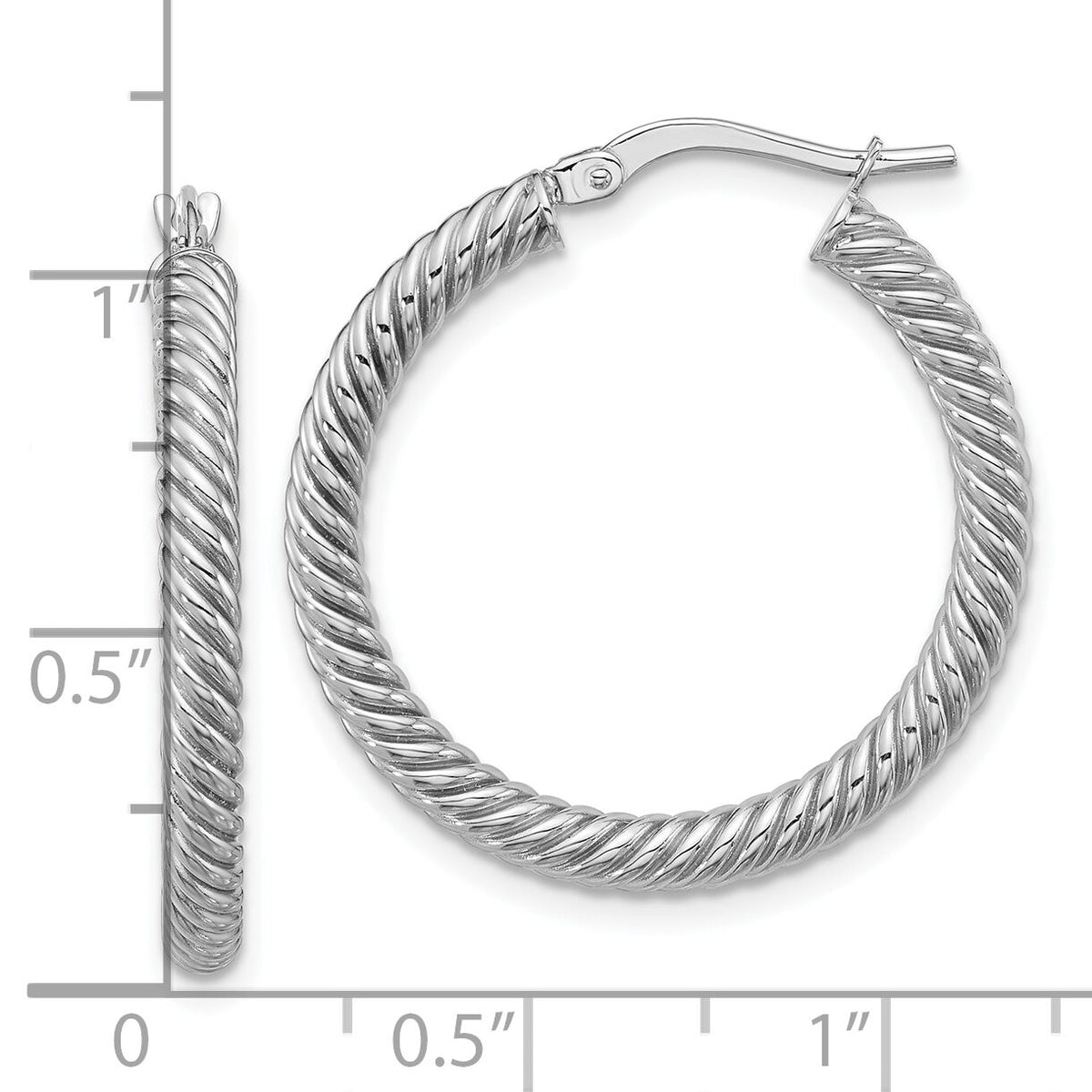14k 3x26mm White Gold Twisted Round Hoop Earrings-PRE943W