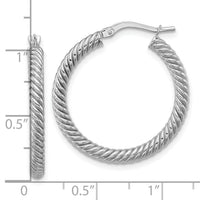 14k 3x26mm White Gold Twisted Round Hoop Earrings-PRE943W