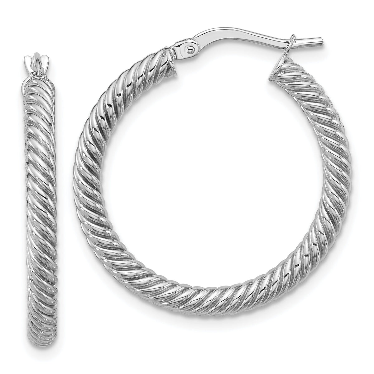 14k 3x26mm White Gold Twisted Round Hoop Earrings-PRE943W