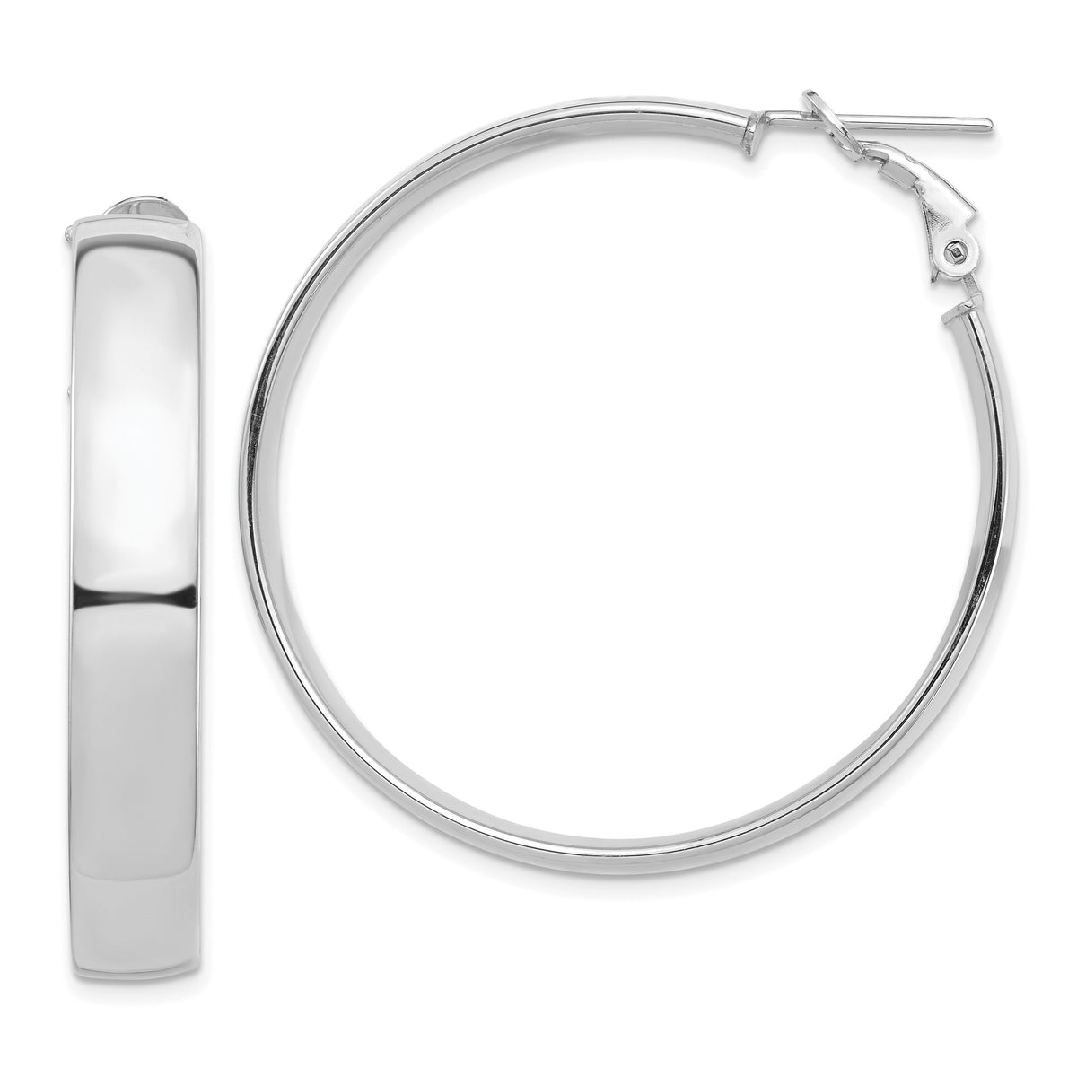 14k White Gold High Polished 7mm Omega Back Hoop Earrings-PRE964W