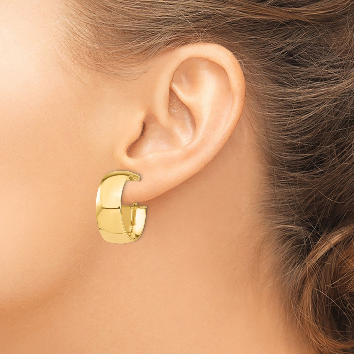 14k High Polished 10mm Omega Back Hoop Earrings-PRE969