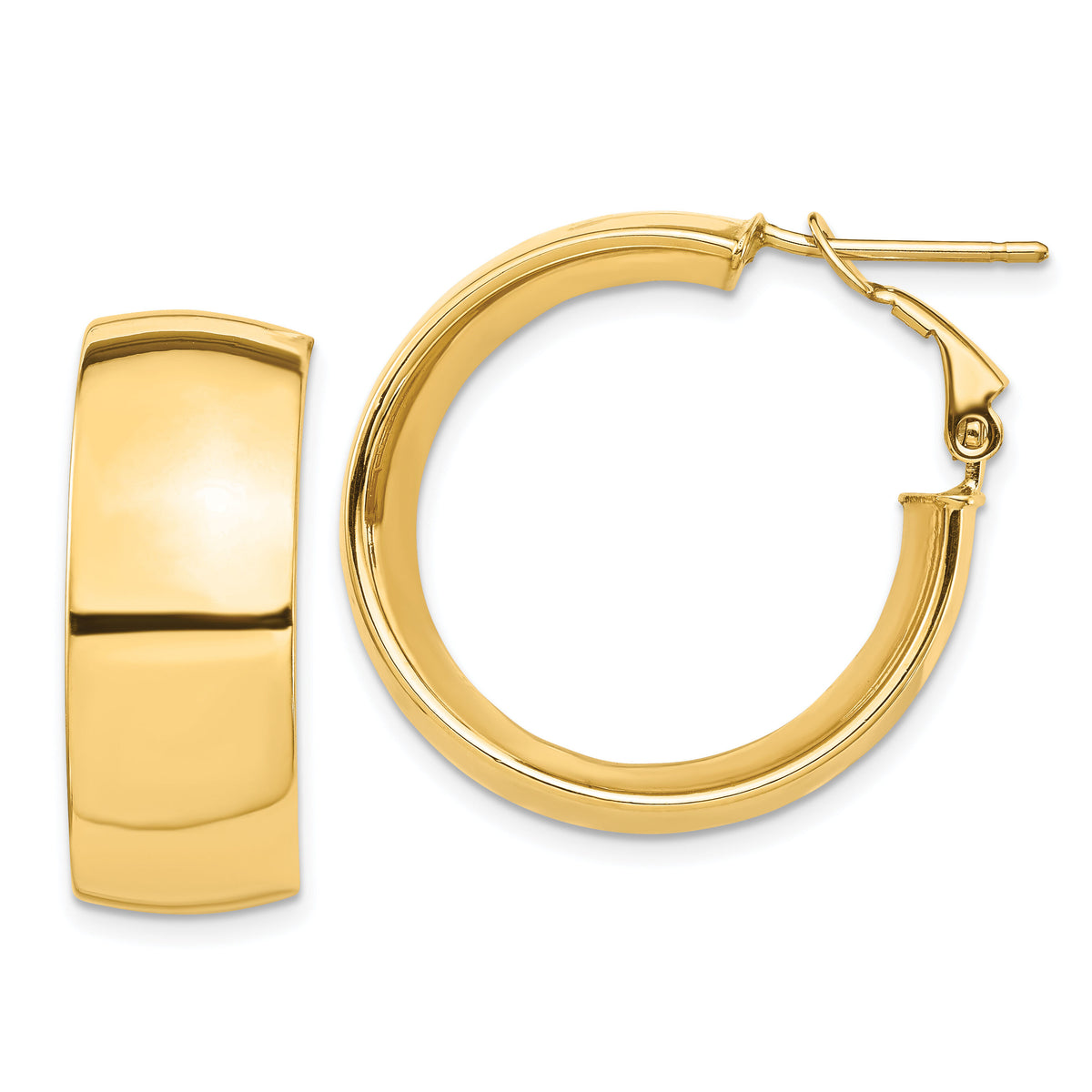 14k High Polished 10mm Omega Back Hoop Earrings-PRE969