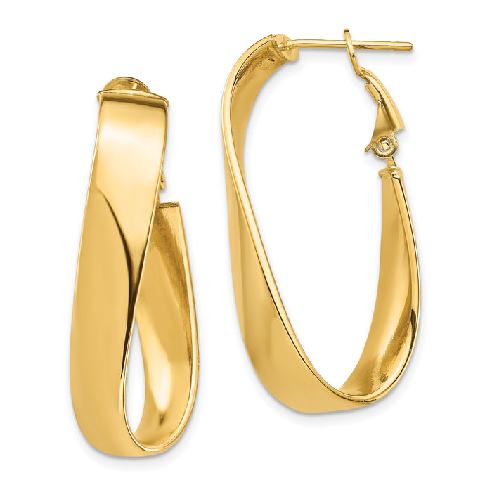 14k High Polished 7mm Wavy Oval Omega Back Hoop Earrings-PRE992