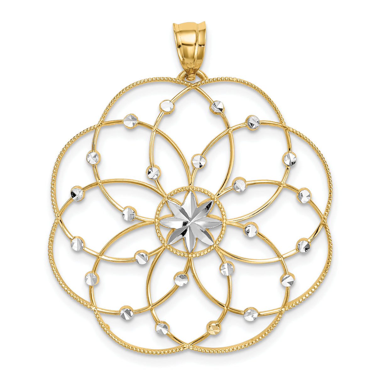 14k and Rhodium Diamond-cut Spiral Circle Pendant-PRF313
