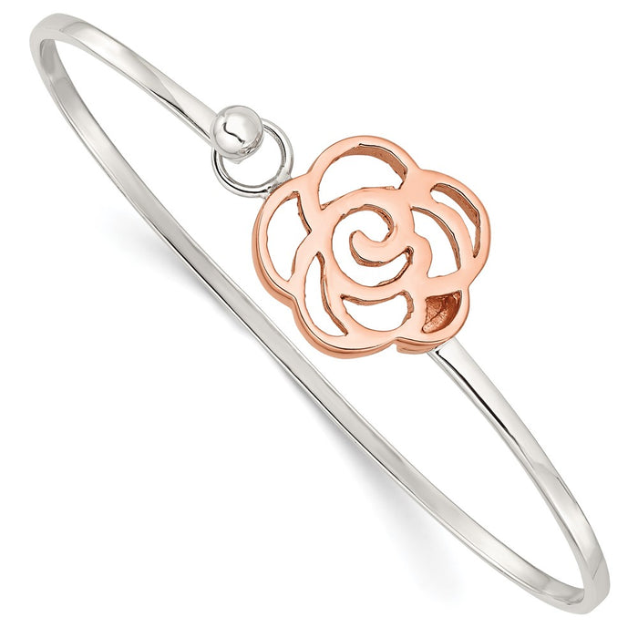 Sterling Silver Rose-tone Polished Flower Bangle