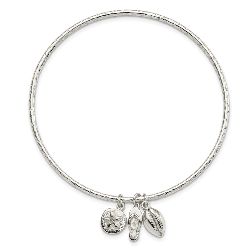 Sterling Silver Rhodium-plated Dangle Beach Charms Slip On Bangle