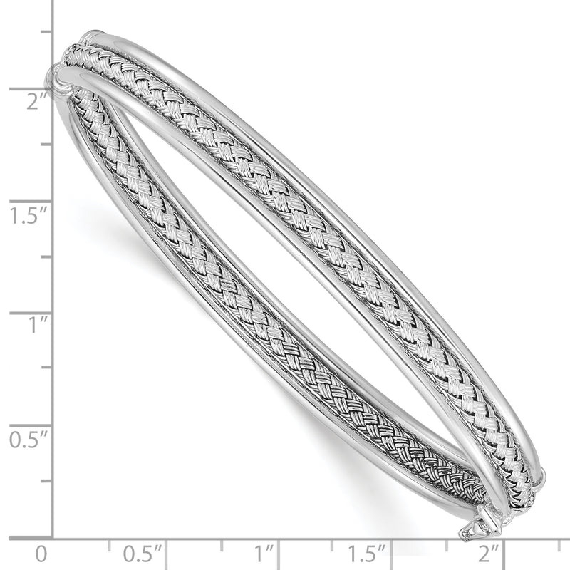 Sterling Silver Rhodium-Plated Weaved & Polished Hinged Bangle