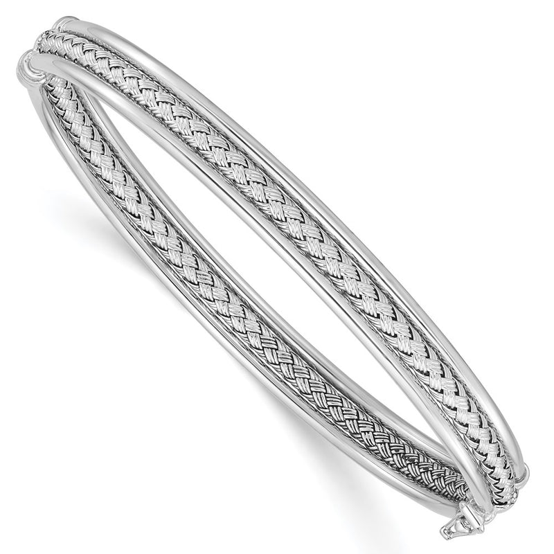 Sterling Silver Rhodium-Plated Weaved & Polished Hinged Bangle