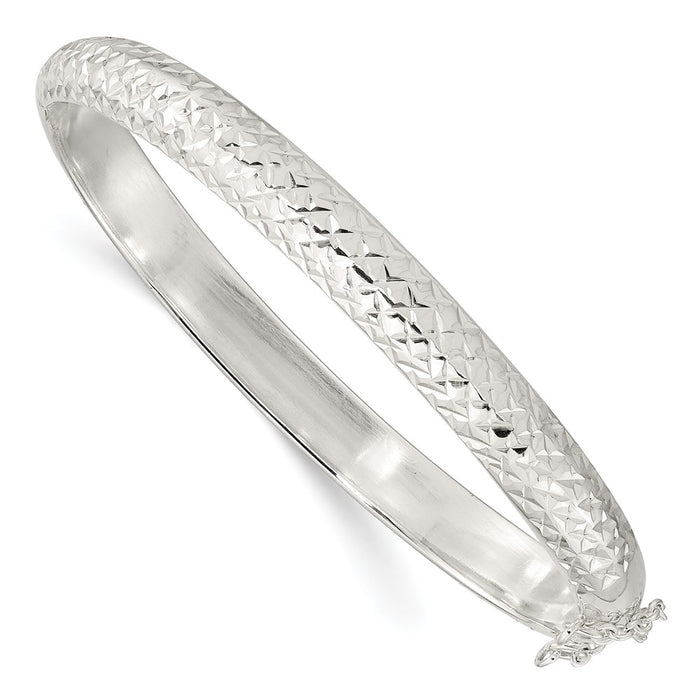 Sterling Silver Rhodium-plated Polished and D/C 7.00mm Hinged  Bangle