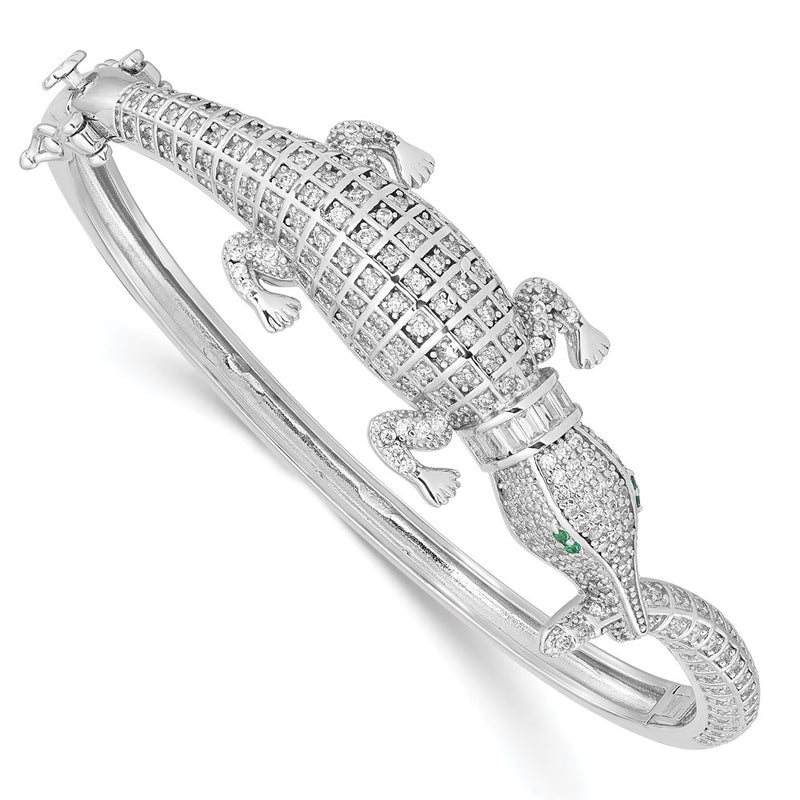 Sterling Silver Rhodium-plated Polished CZ Alligator Hinged Bangle