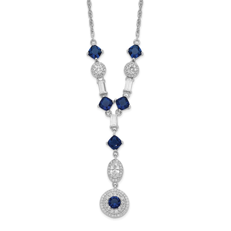 Sterling Silver Cheryl M Rhod-pltd Blue Glass & CZ Y-Drop Necklace