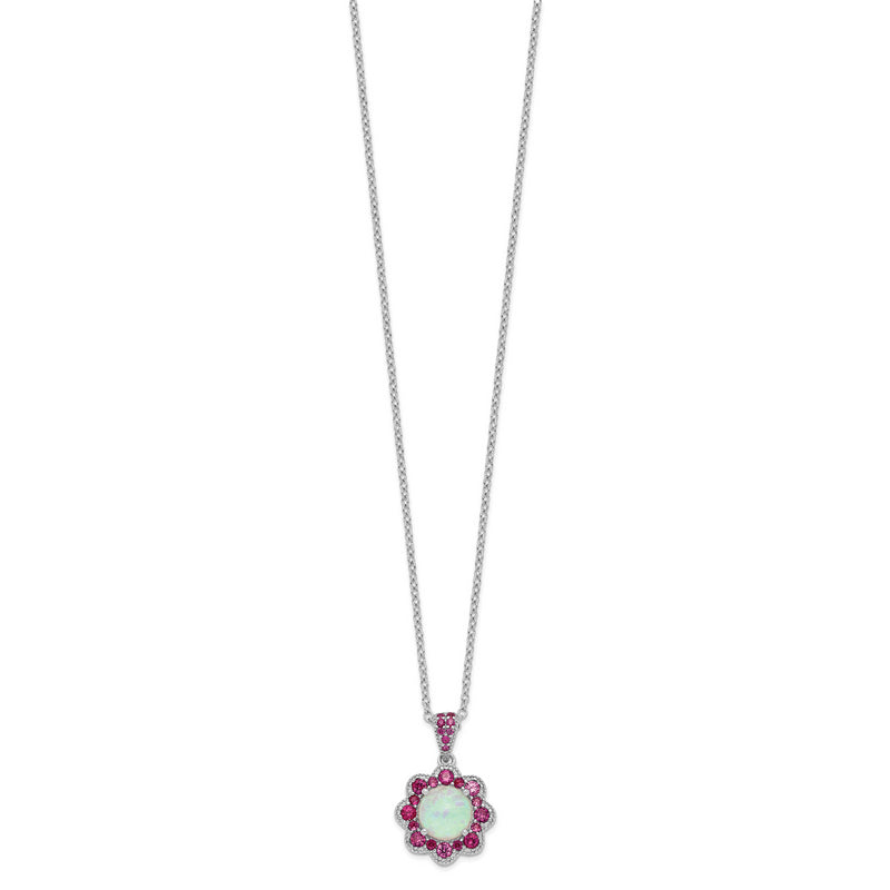 SS Cheryl M Rh-pltd Lab Cr. Opal & Red Nano Crystal Flower Necklace