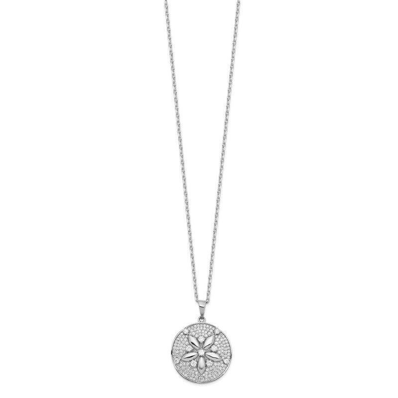 Sterling Silver Cheryl M Rhod-pltd CZ Sand Dollar w/ 2in ext Necklace